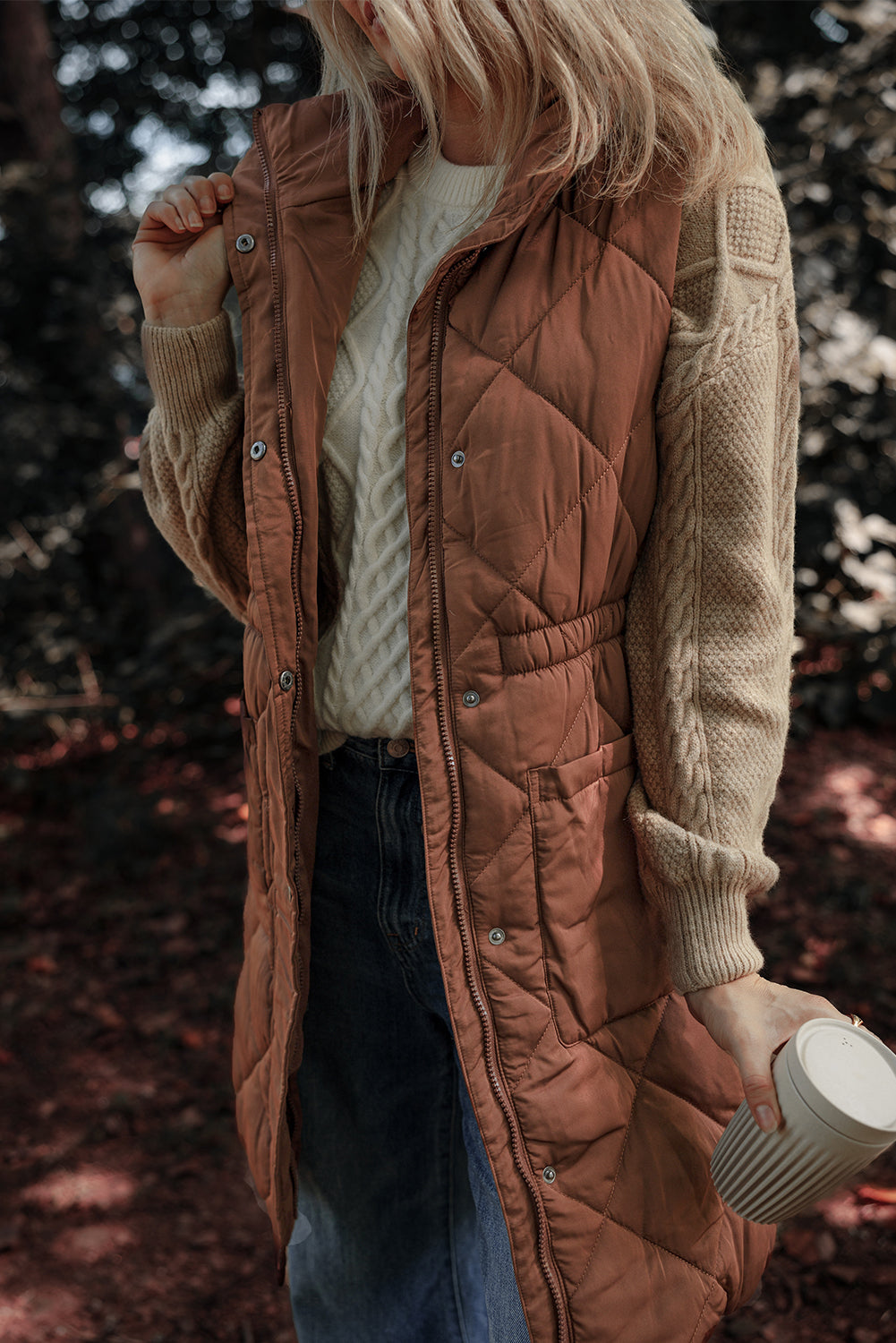 Coffee Puffer Quilted Stand Collar Pocketed Vest Coat Shewin