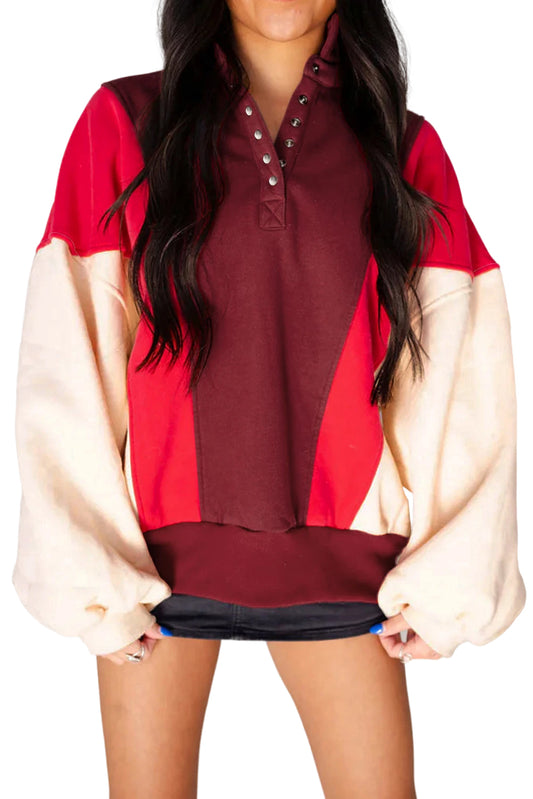 Fiery Red Colorblock Patchwork Oversized Sweatshirt