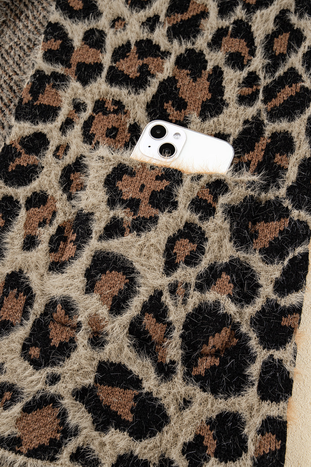 Brown Leopard Open Front Fuzzy Cardigan Shewin