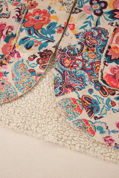 Beige Vintage Paisley Floral Printed Sherpa Lined Hooded Jacket Shewin