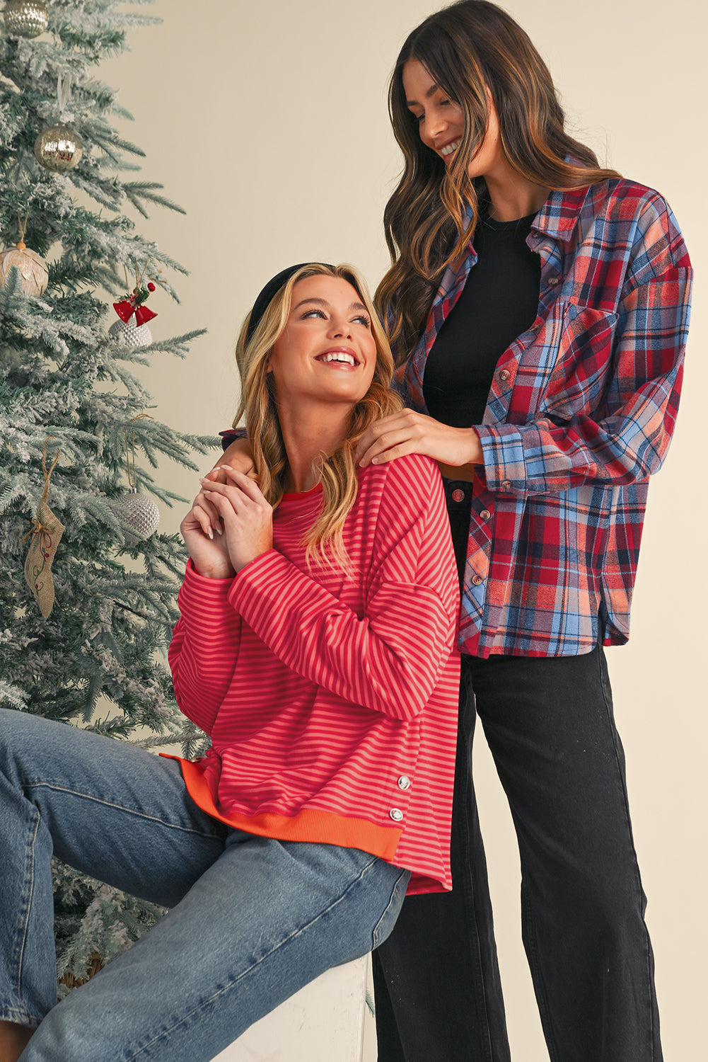 Red Plaid Print Drop Sleeve Loose Shirt Shewin