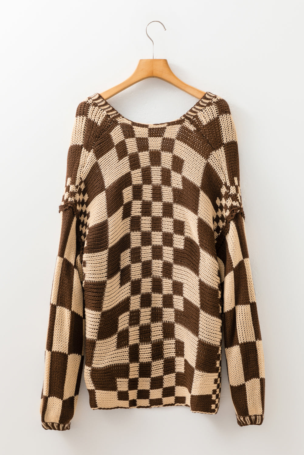 Dark Brown Colorblock Checked Loose Fit Open Front Knitted Cardigan Shewin