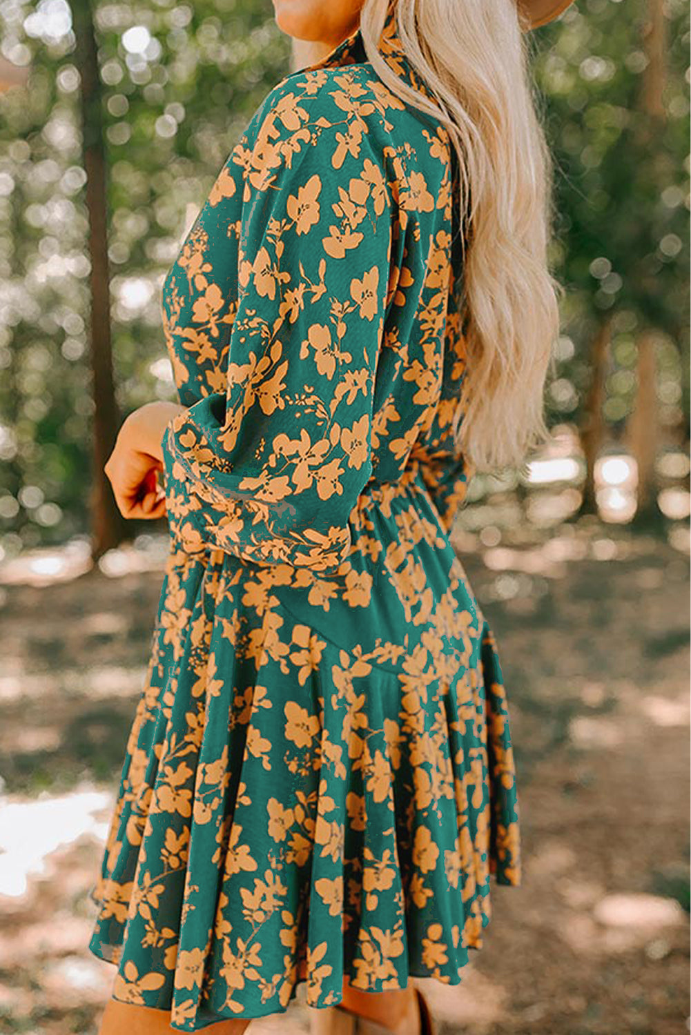Green Floral Print Drawstring Flowy Short Dress Shewin