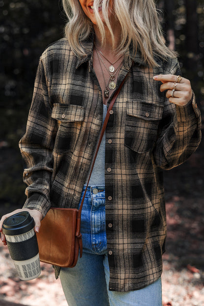 Multicolour Retro Plaid Double Flap Pocket Brushed Shacket Shewin