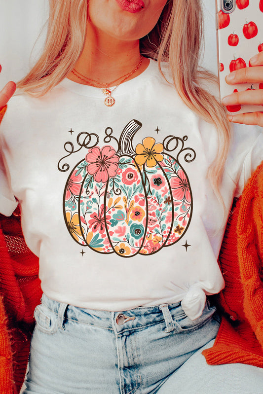 White Floral Pumpkin Print Cotton Blend T Shirt Shewin