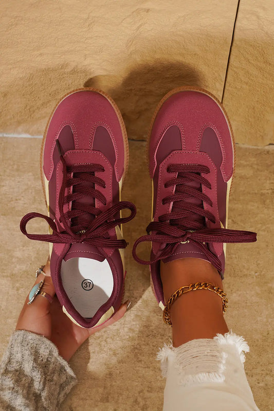 Fiery Red Stitched Colorblock Casual Lace-Up Sneakers Shewin