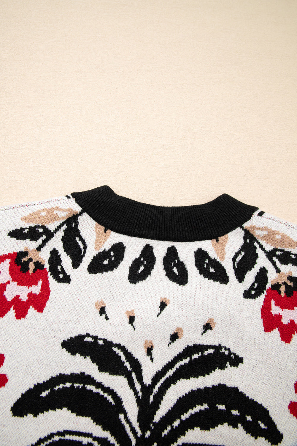Black Floral Print Button Front V Neck Contrast Trim Cardigan