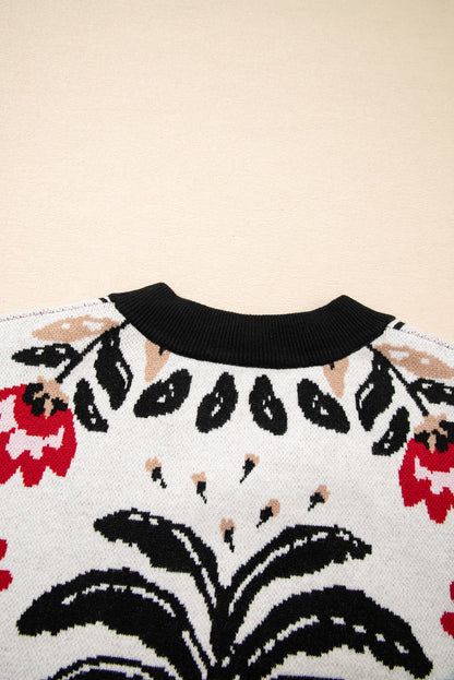 Black Floral Print Button Front V Neck Contrast Trim Cardigan