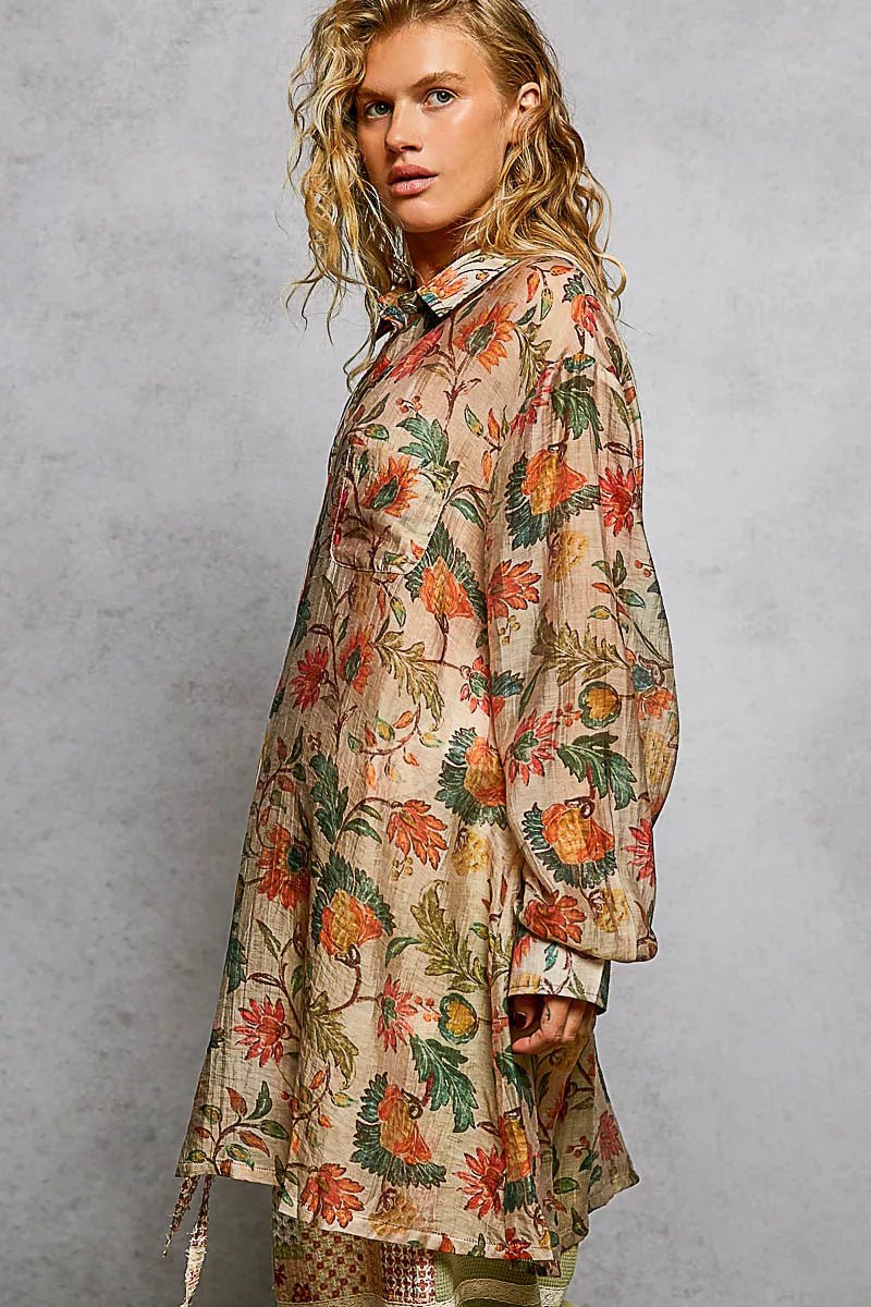 POL Metal Button Down Floral Long Sleeve Shirt - Creative Freedom Collective