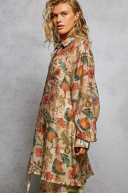 POL Metal Button Down Floral Long Sleeve Shirt - Creative Freedom Collective