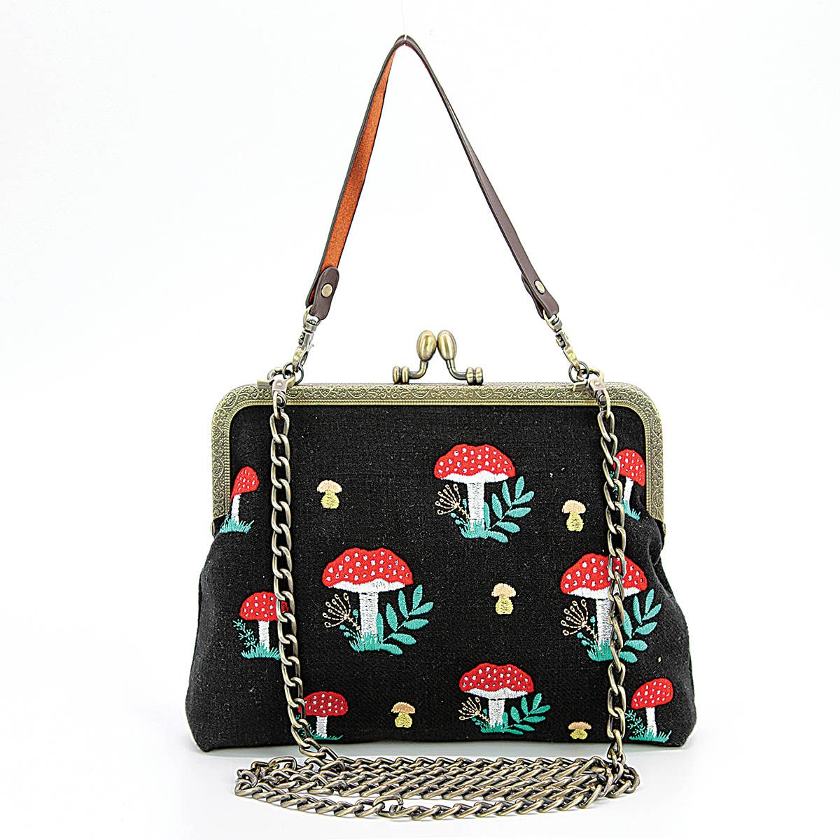 Mushrooms Kisslock Frame Handbag in Cotton: Black Quirks!