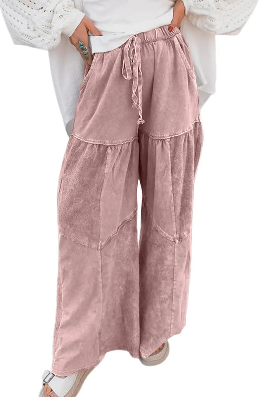 Mineral Wash Tiered Wide Leg Patchwork Drawstring Pants Shewin