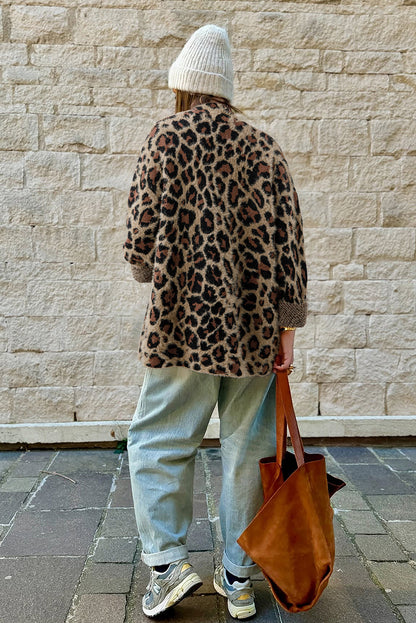 Brown Leopard Open Front Fuzzy Cardigan Shewin
