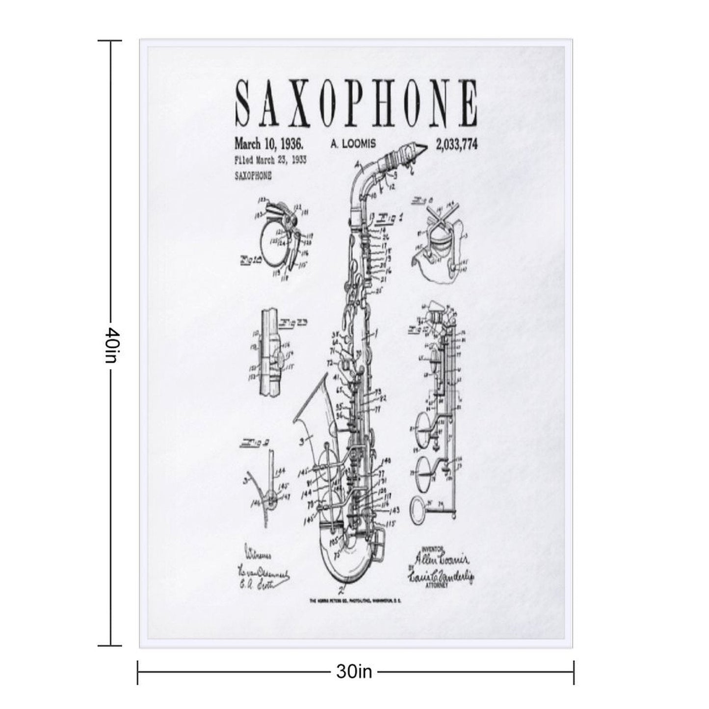 Saxophone Old Vintage Patent Drawing Print Throw Blanket