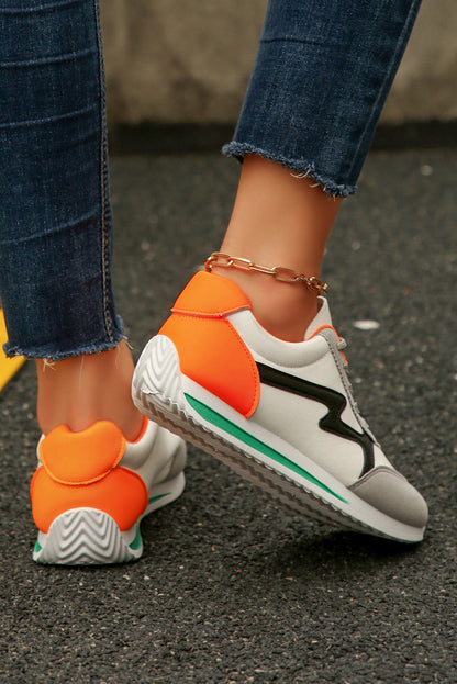 White PU Leather Color Block Patchwork Lace Up Sneakers Shewin