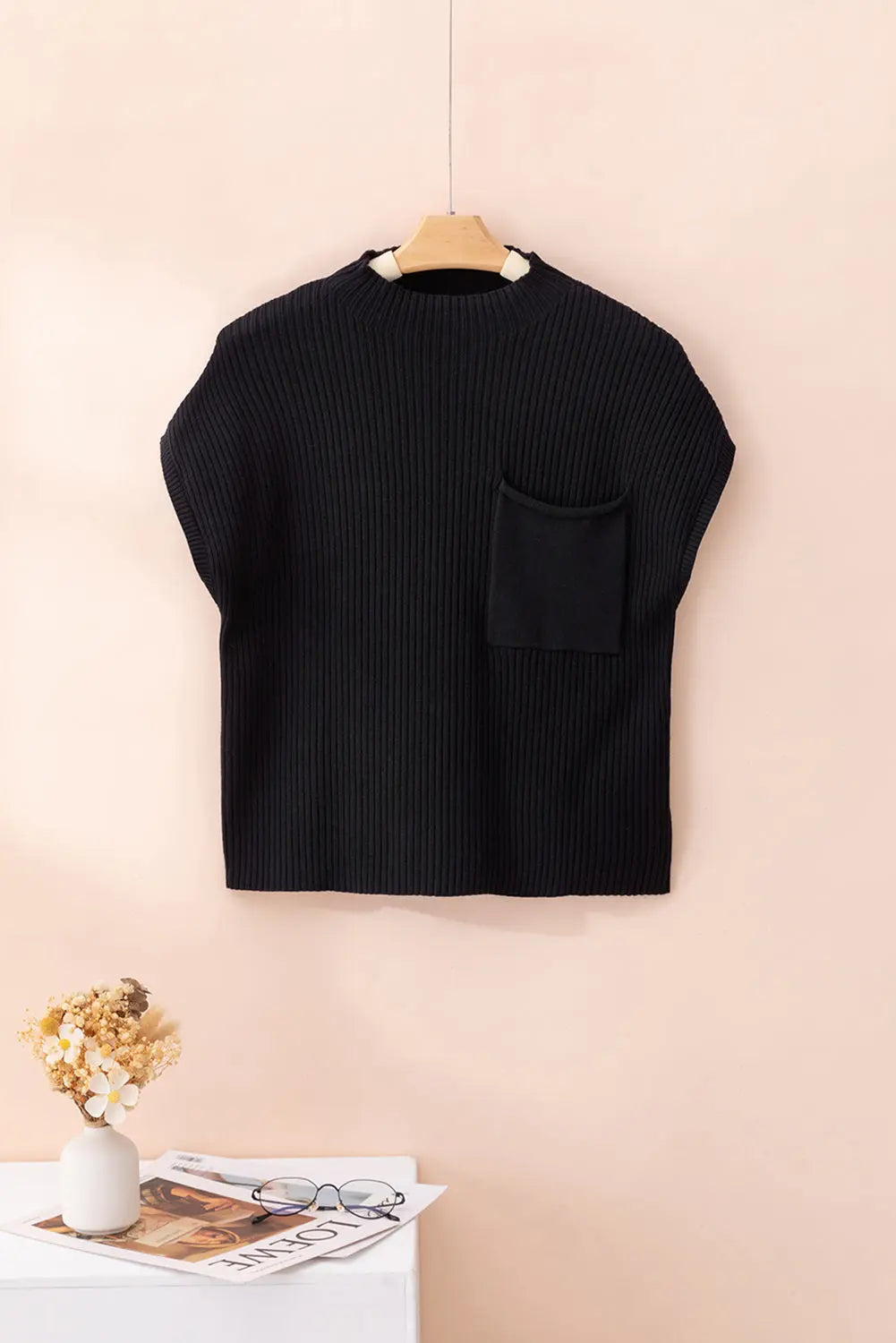 Gold Flame Patch Pocket Ribbed Knit Short Sleeve Sweater Shewin
