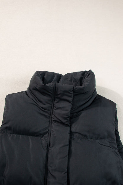 Black Solid Color Puffer Zip Up Pocketed Vest Coat Shewin