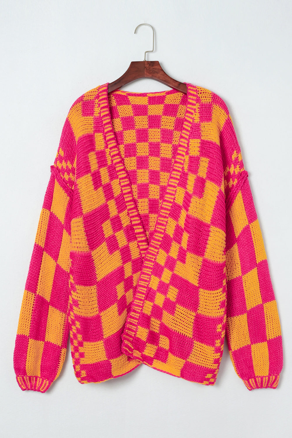 Dark Brown Colorblock Checked Loose Fit Open Front Knitted Cardigan Shewin