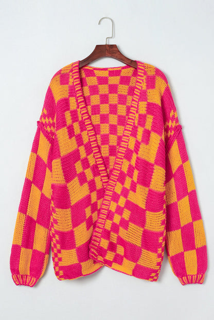 Dark Brown Colorblock Checked Loose Fit Open Front Knitted Cardigan Shewin