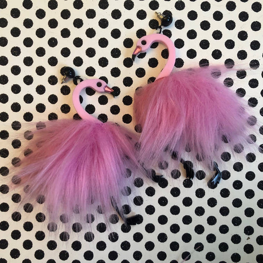 Pom Pom Fluff Pink Flamingo Earrings, Laser Cut Acrylic, Plastic Jewelry Quirks!