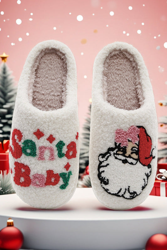 White Cute Santa Baby Holiday Winter Slippers Shewin