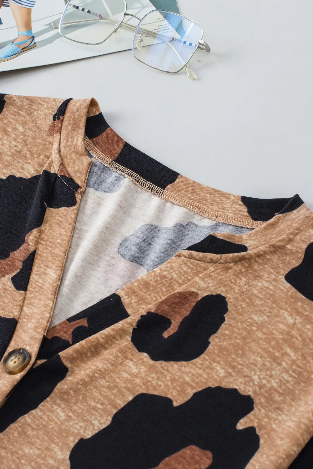 Light Beige Leopard Print Button V Neck T Shirt Shewin