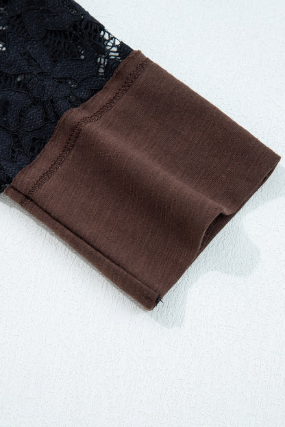 Light French Beige Sheer Lace Patchwork Casual Long Sleeve Tee