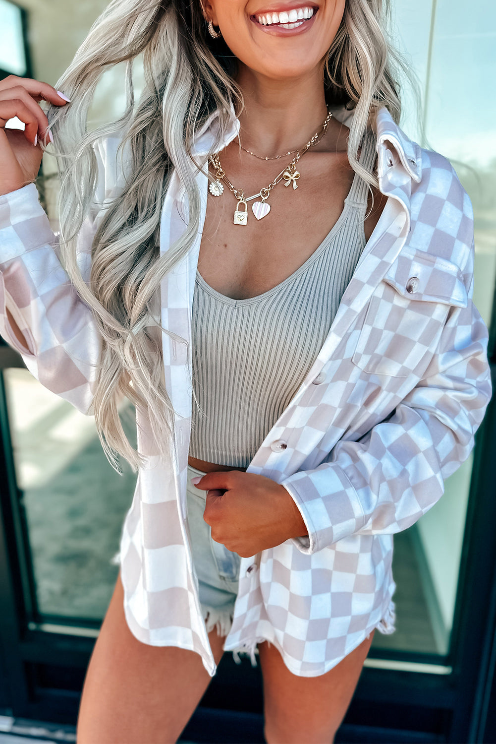 Green Checkerboard Flap Pocket Button Front Shacket