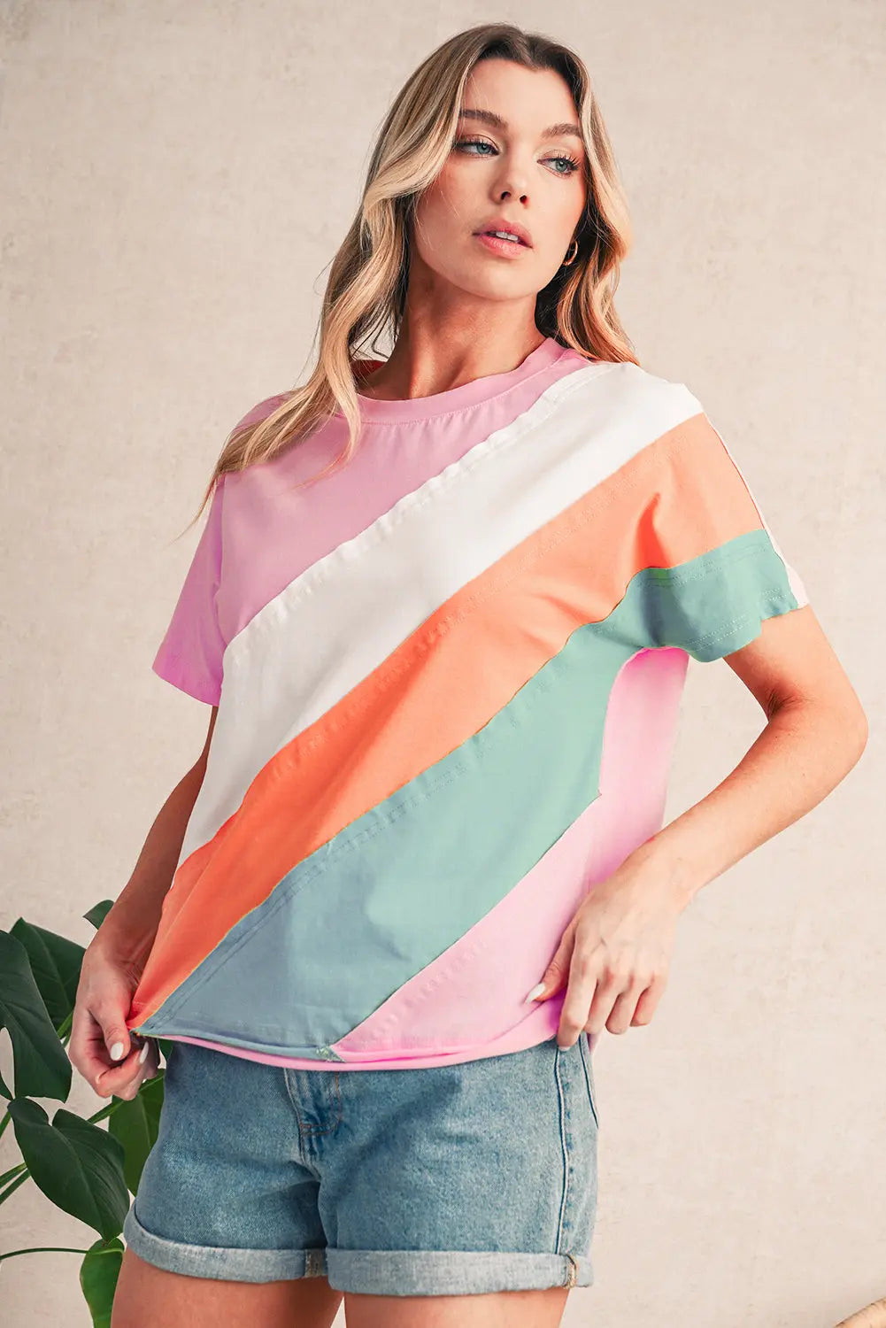 Pink Color Block Patchwork Seamed Crewneck T Shirt Shewin