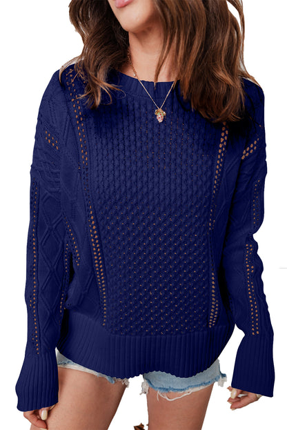 Navy Blue Mix Texture Knit Eyelet Detail Casual Sweater