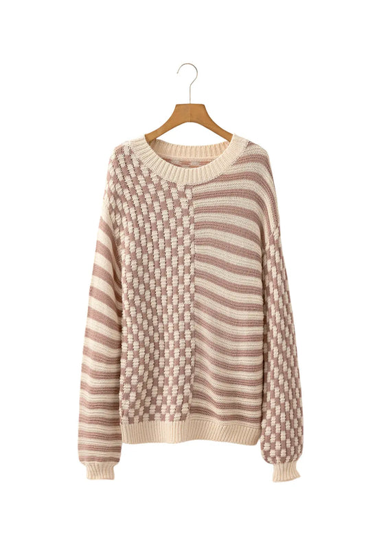 Khaki Stripe Checkerboard Drop Shoulder Balloon Sleeve Sweater Shewin