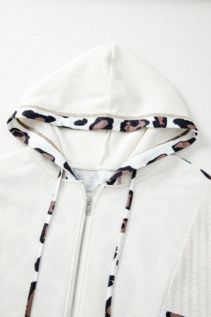 Apricot Leopard Mixed Texture Patchwork Zip Up Drop Shoulder Hoodie Shewin