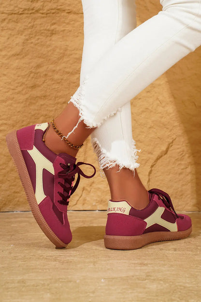Fiery Red Stitched Colorblock Casual Lace-Up Sneakers Shewin