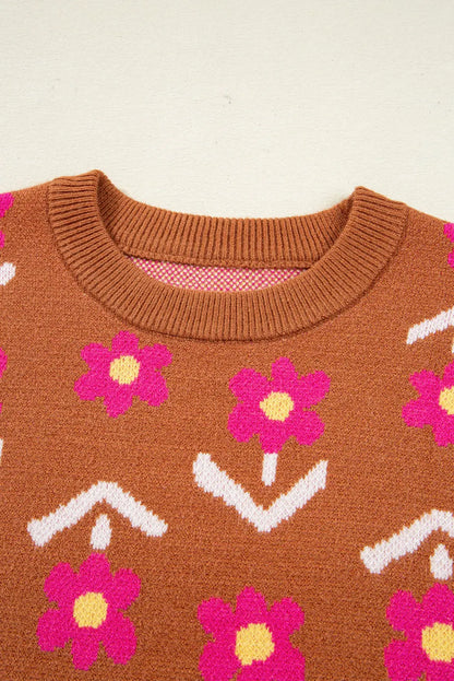 Brown Floral Pattern Short Puff Sleeve Sweater Shewin