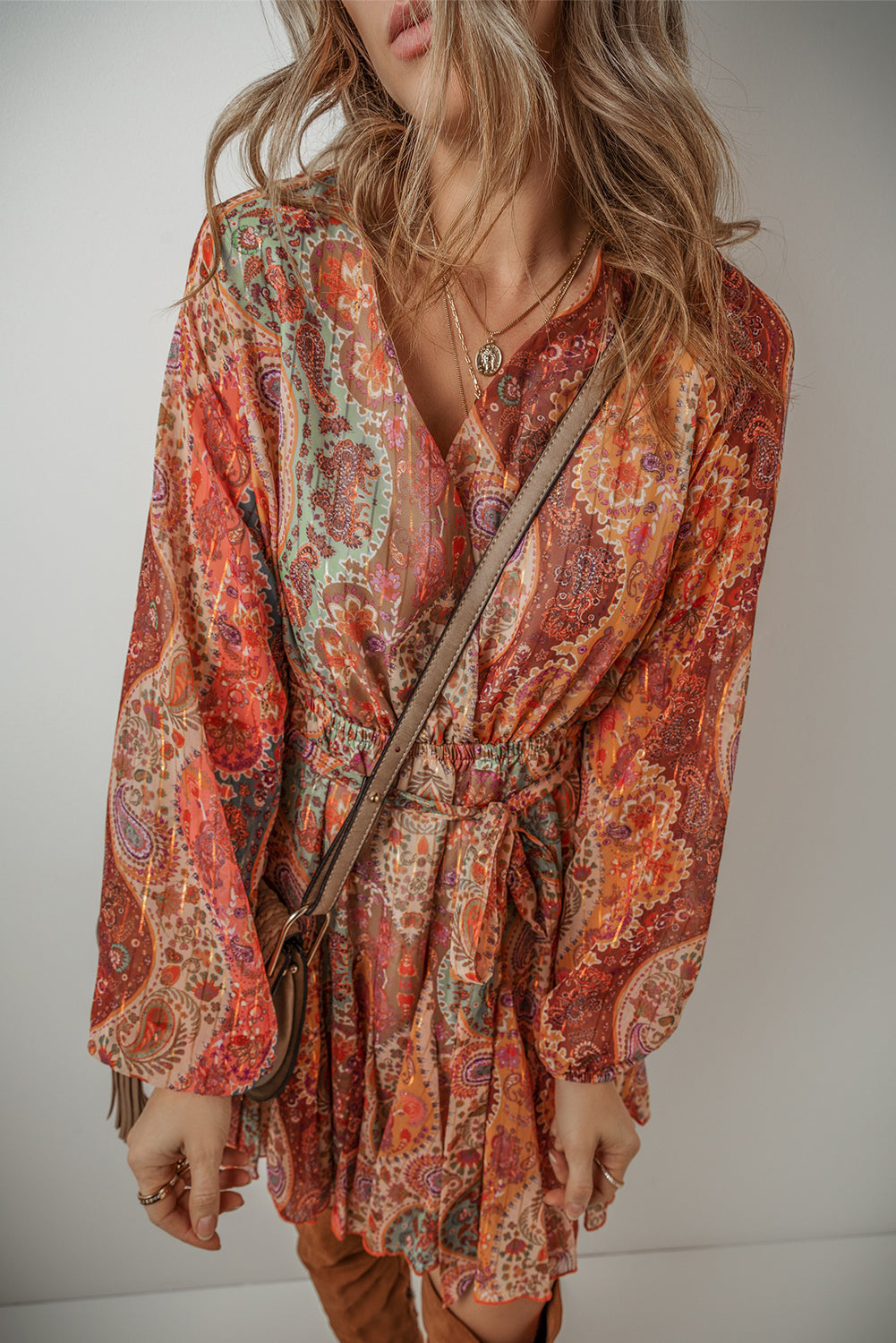 Orange Boho Paisley Print Long Sleeve Pleated Belted Mini Dress Shewin