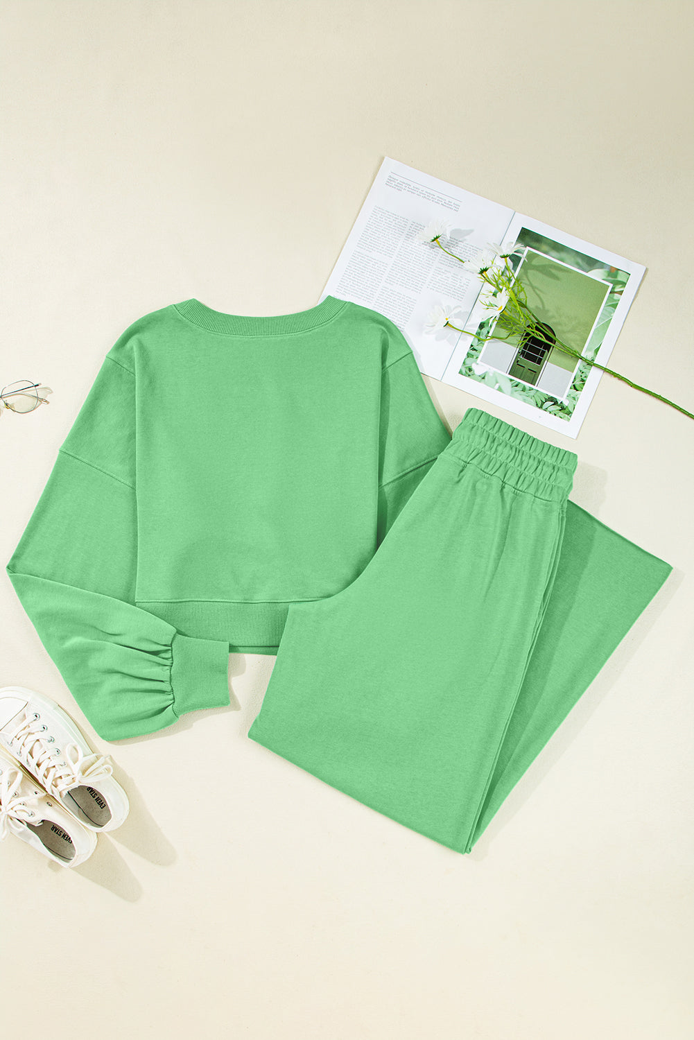 Flamingo Drop Shoulder Crop Pullover Drawstring Wide Leg Pants Set Shewin