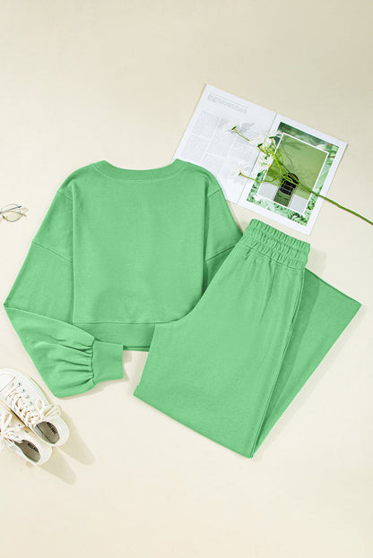 Flamingo Drop Shoulder Crop Pullover Drawstring Wide Leg Pants Set Shewin