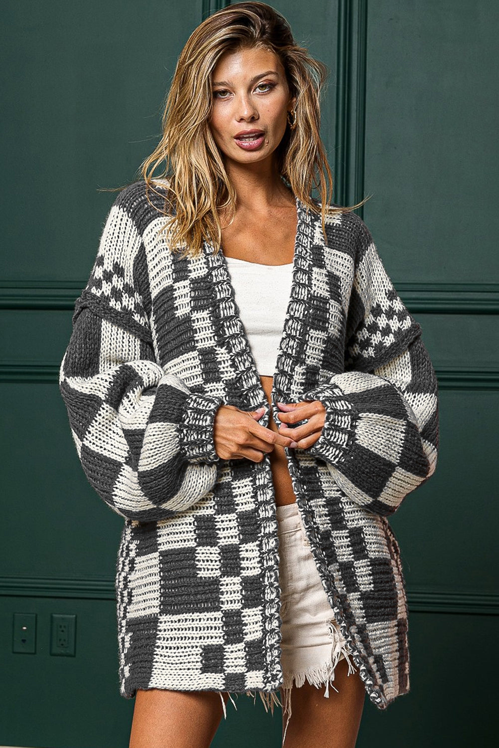 Dark Brown Colorblock Checked Loose Fit Open Front Knitted Cardigan Shewin