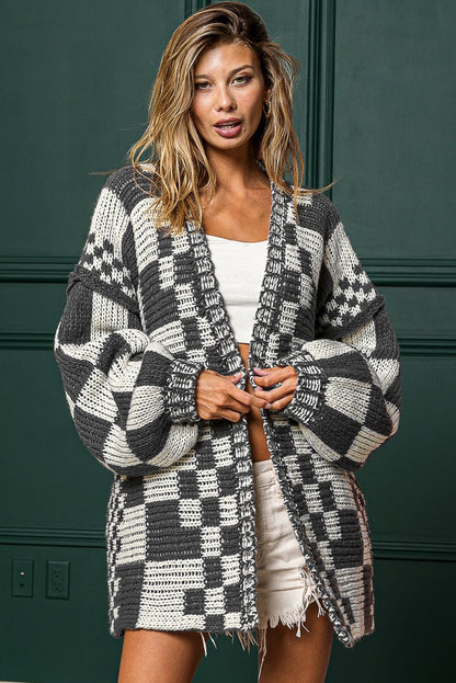 Dark Brown Colorblock Checked Loose Fit Open Front Knitted Cardigan Shewin