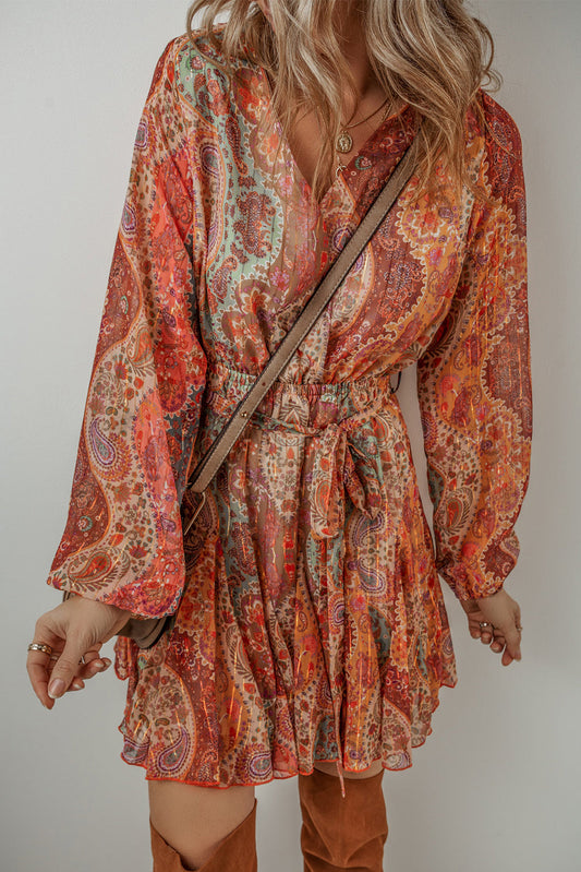 Orange Boho Paisley Print Long Sleeve Pleated Belted Mini Dress Shewin