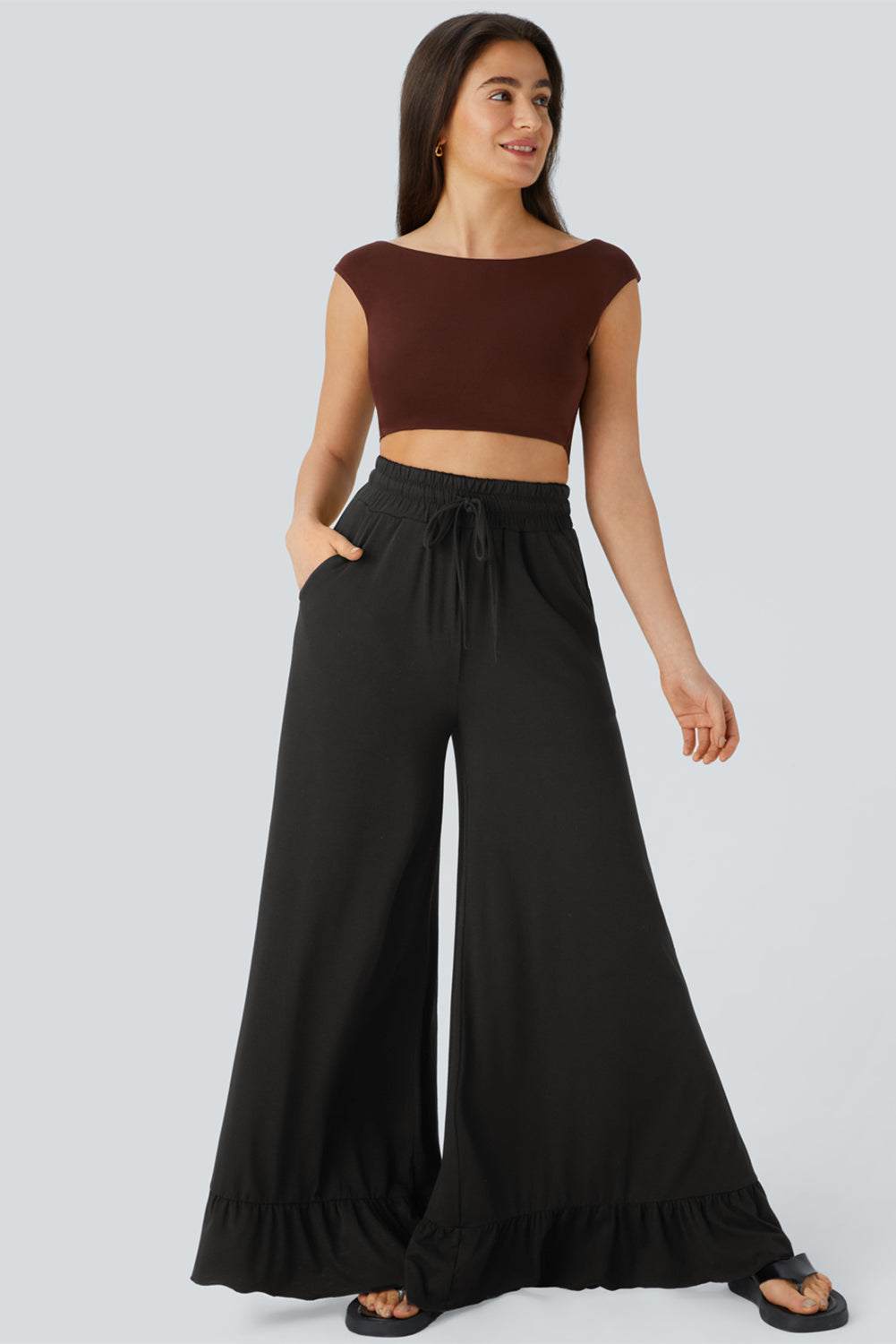 Dune Solid Color Ruffle Hem Wide Leg Pants Shewin