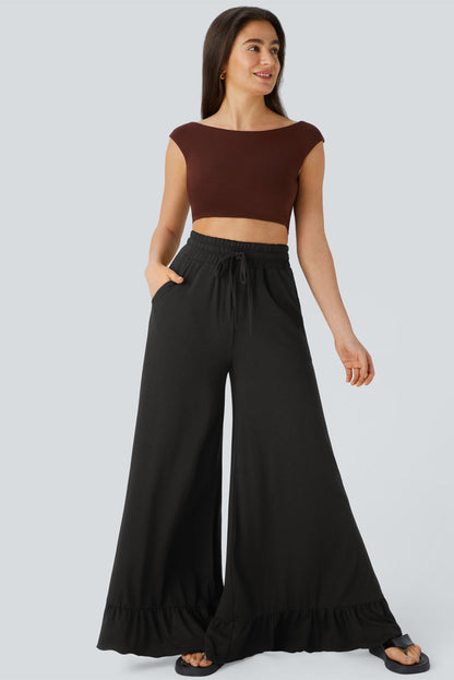 Dune Solid Color Ruffle Hem Wide Leg Pants Shewin