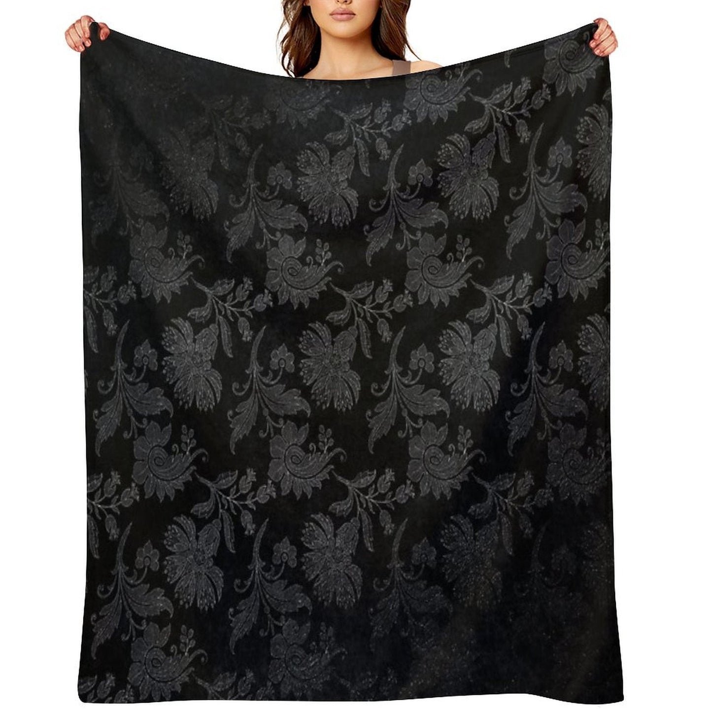 Black And Silver Vintage Damask Throw Blanket