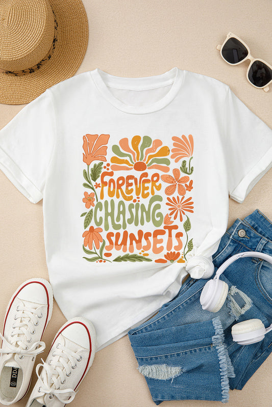 White FOREVER CHASING SUNSETS Floral Print T Shirt Shewin