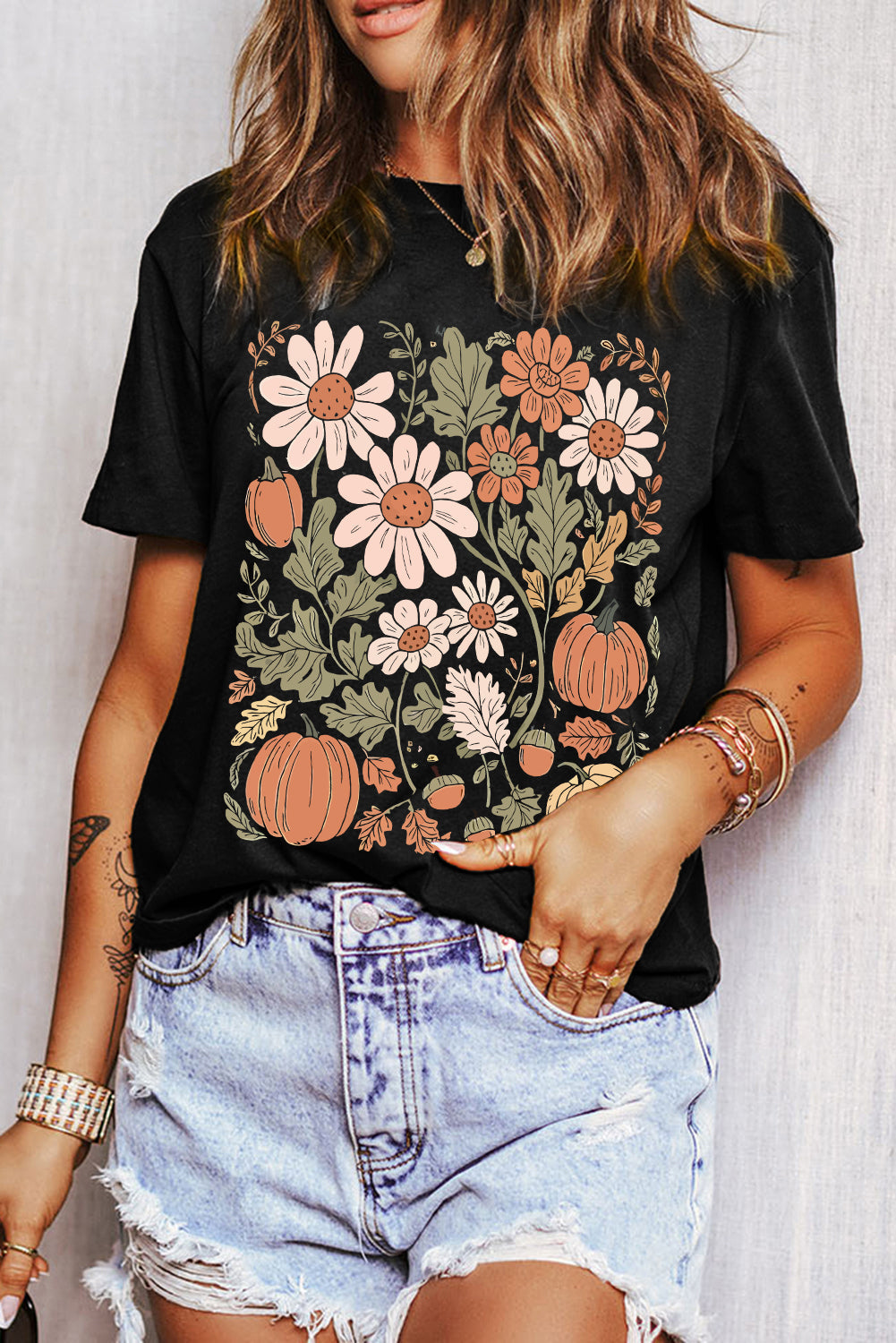 Black Wild Flower Pumpkin Print T Shirt Shewin
