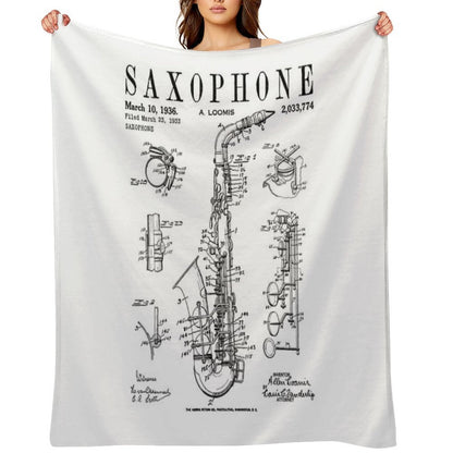 Saxophone Old Vintage Patent Drawing Print Throw Blanket