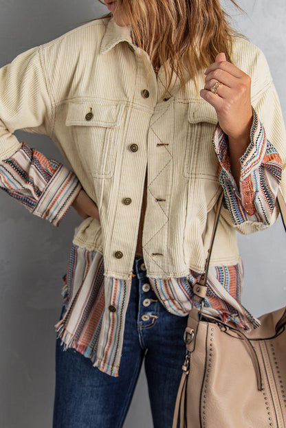 Beige Button Up Pockets Striped Color Block Corduroy Jacket Shewin