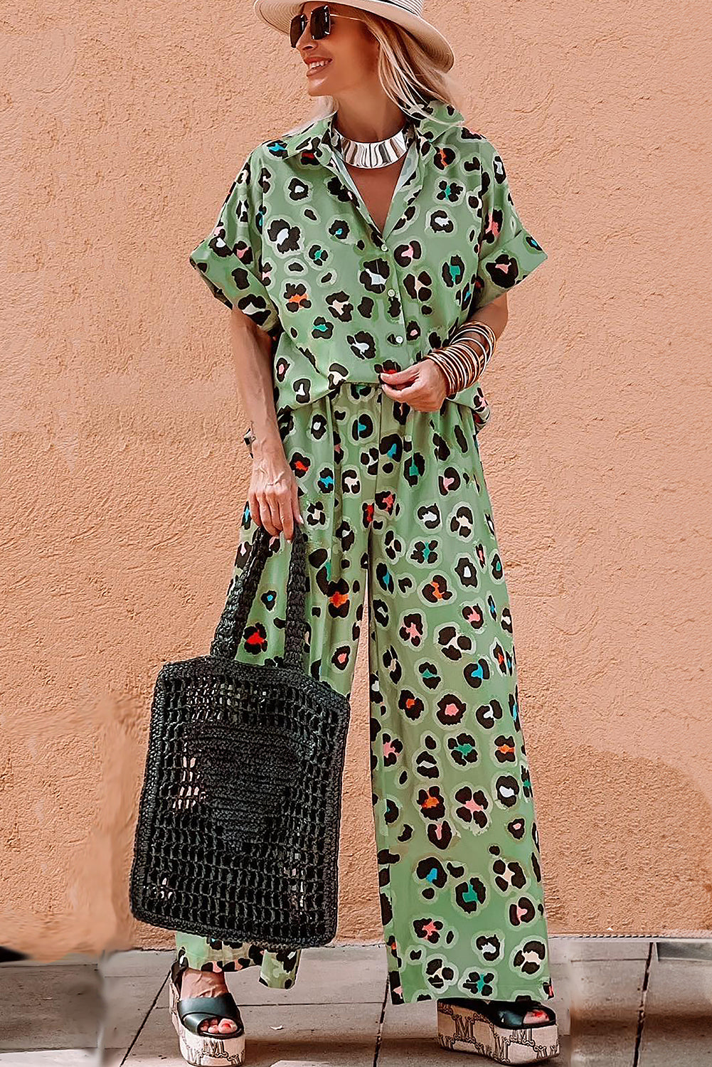Green Leopard Print Short Sleeve Shirt and Wide Leg Pants Set Shewin