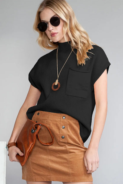 Gold Flame Patch Pocket Ribbed Knit Short Sleeve Sweater Shewin
