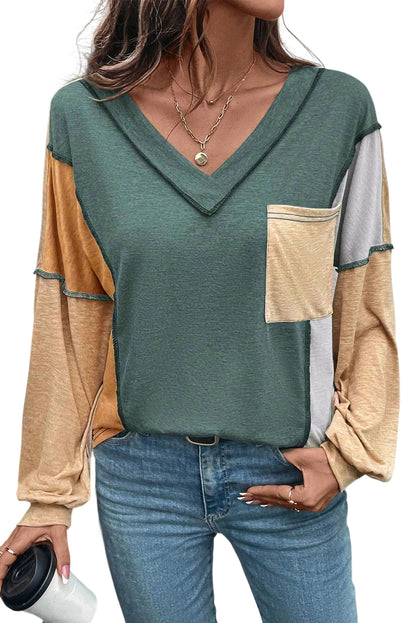 Jungle Green Exposed Stitching Colorblock V Neck Long Sleeve Top